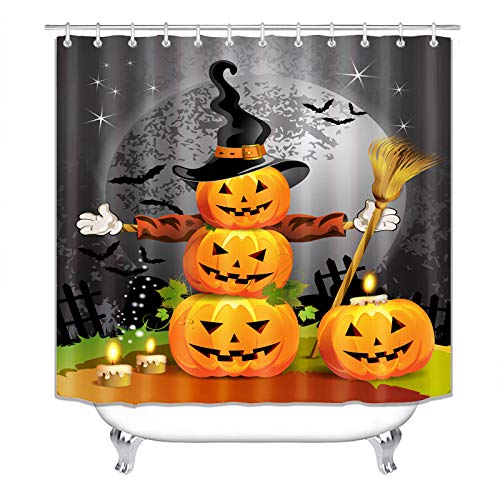 Halloween Shower Curtain,Pumpkin Heads Pattern,Polyester Fabric Bathroom Decor Set with 12 Hooks