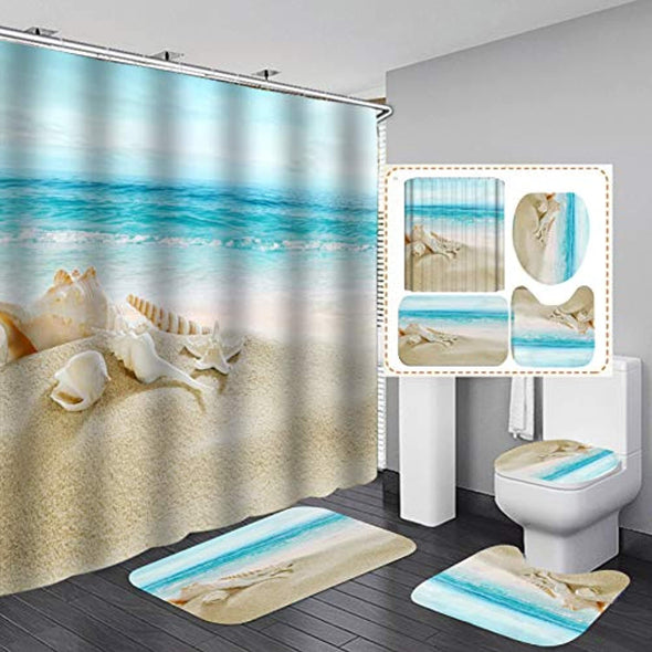 Nautical Shower Curtain Set,Beach Conch Starfish Shell Sea Life Bathroom Curtain Set with 12 Hooks