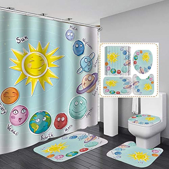 Funny Shower Curtain Set,Sun Earth and Planets Pattern,Polyester Fabric Bathroom Decor Set with 12 Hooks