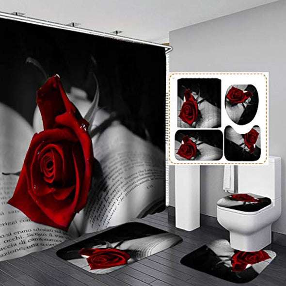Flower Shower Curtain Set,Red Rose on The Book Bathroom Curtain Set with 12 Hooks