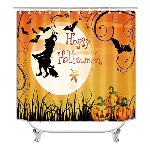 Halloween Shower Curtain,Skeleton Witch Pumpkin Head Pattern,Polyester Fabric Bathroom Decor Set with 12 Hooks