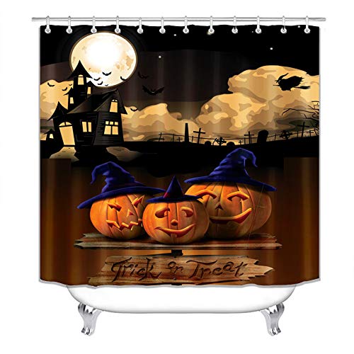 Halloween Shower Curtain,Horror Pumpkin Light Cartoon Room Pattern,Polyester Fabric Bathroom Decor Set with 12 Hooks