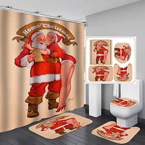 Shower Curtain Set,Festive Cute Santa Claus Pattern,Polyester Fabric Bathroom Decor Set with 12 Hooks