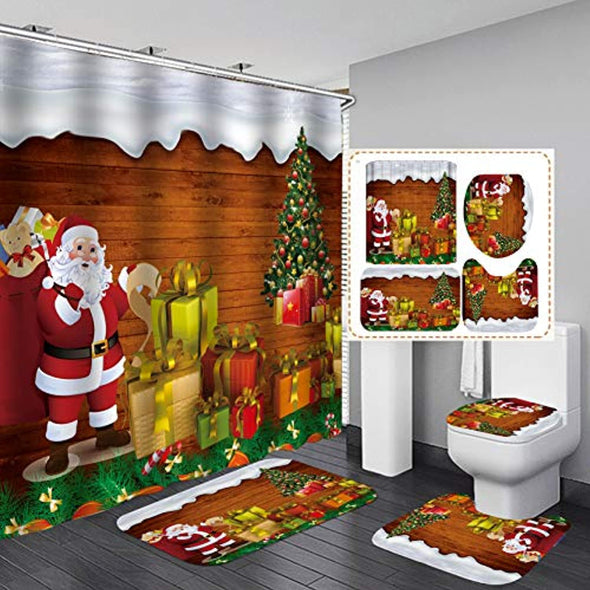 Christmas Shower Curtain Set,Cute Santa Claus with Many Gifts Pattern,Polyester Fabric Bathroom Decor Set with 12 Hooks