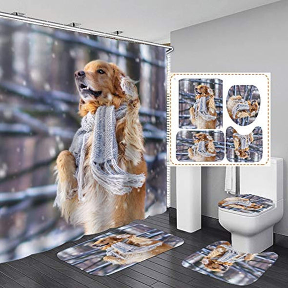 Dog Shower Curtain Set,Dog with Scarf in Snow,Polyester Fabric Bathroom Curtain Set with 12 Hooks