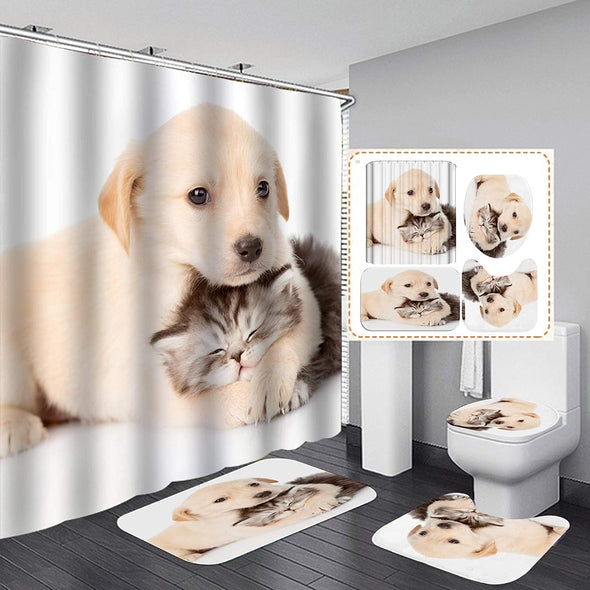Dog Shower Curtain Set,Cute Puppy Dog Polyester Fabric Curtain Set with 12 Hooks