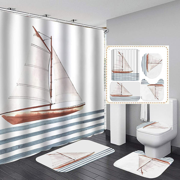 Nautical Shower Curtain Set,Kanagawa Wave Nautical Bathroom Curtain Set with 12 Hooks