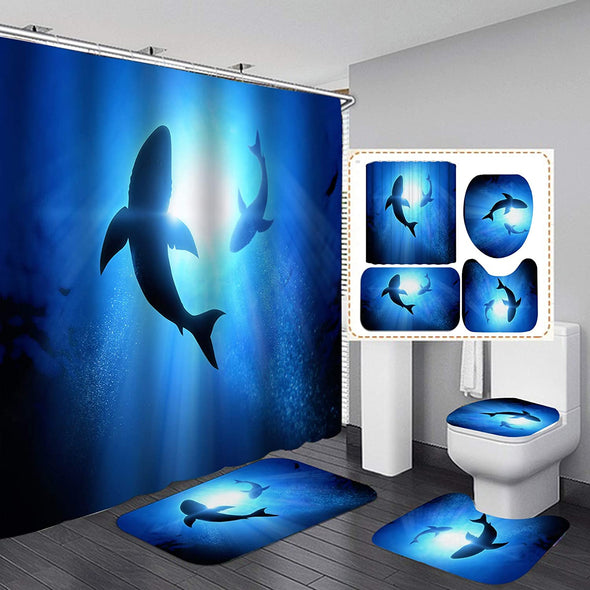 Ocean Animals Shower Curtain Set,Nature Scenic of Tropical Fish, Shark Bathroom Curtain Set with 12 Hooks