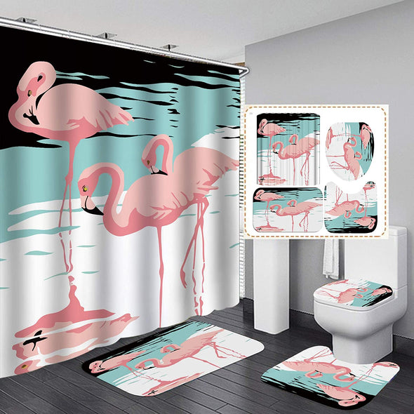 Flamingos Shower Curtain Set,Cute Little Yellow Duck Bathroom Curtain Set with 12 Hooks