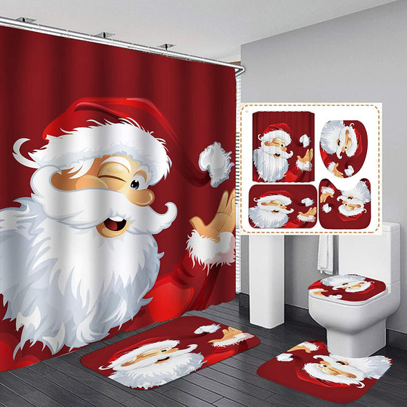 Shower Curtain Set,Festive Cute Santa Claus Pattern,Polyester Fabric Bathroom Decor Set with 12 Hooks