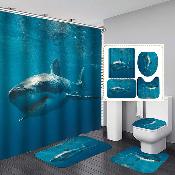 Ocean Animals Shower Curtain Set,Nature Scenic of Tropical Fish, Shark Bathroom Curtain Set with 12 Hooks