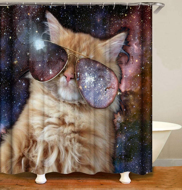 Cat Shower Curtain,Gray Cat with Sunglasses Pattern,Polyester Fabric Bathroom Decor Set with 12 Hooks