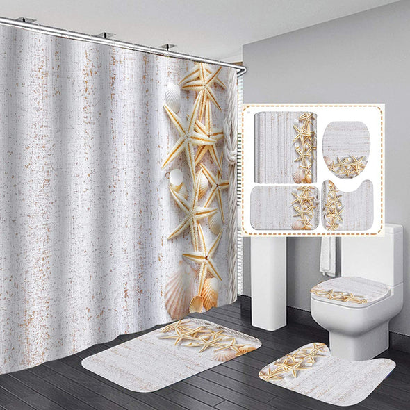 Nautical Shower Curtain Set,Beach Conch Starfish Shell Sea Life Bathroom Curtain Set with 12 Hooks