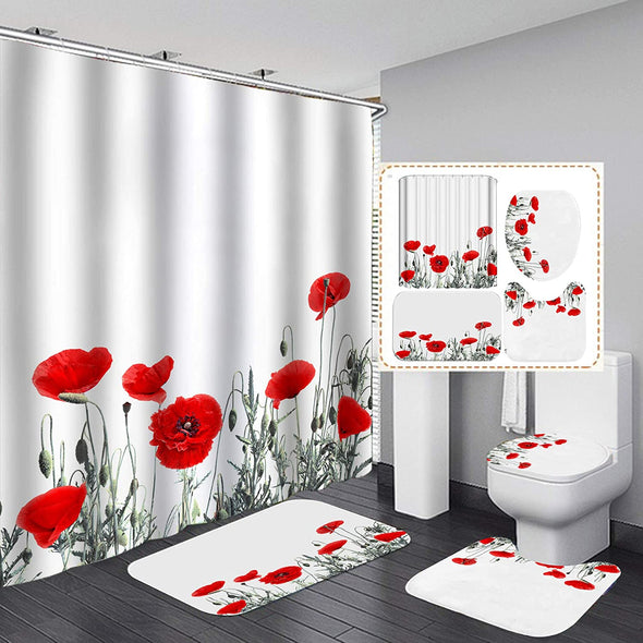 Flower Shower Curtain Set,Colorful Flowers and Green Leaves Bathroom Curtain Set with 12 Hooks