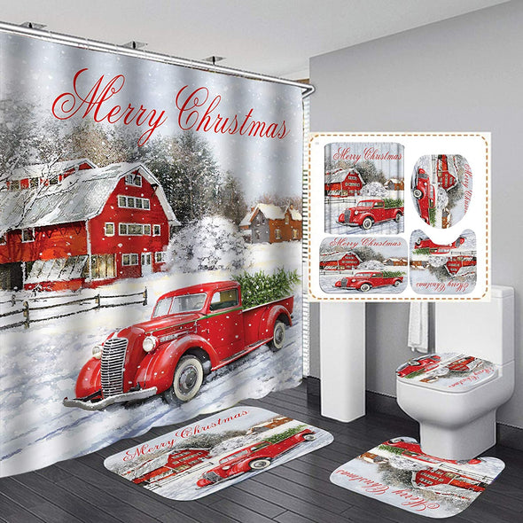 Christmas Shower Curtain Set,Cute Santa Claus with Many Gifts