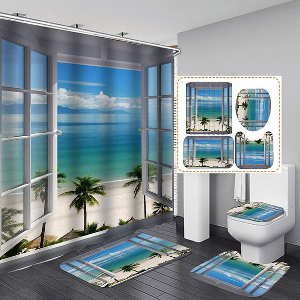 Ocean Shower Curtain Set,Sand Beach Wave Sea Water Bathroom Curtain Set with 12 Hooks