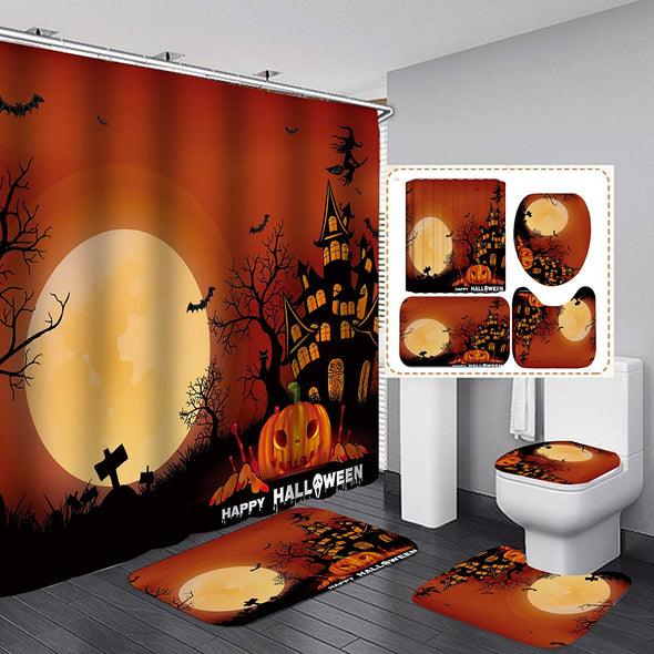 Halloween Shower Curtain Set,Leafless Creepy Tree with Pumpkin Head at Night Pattern,Polyester Fabric Bathroom Decor Set with 12 Hooks