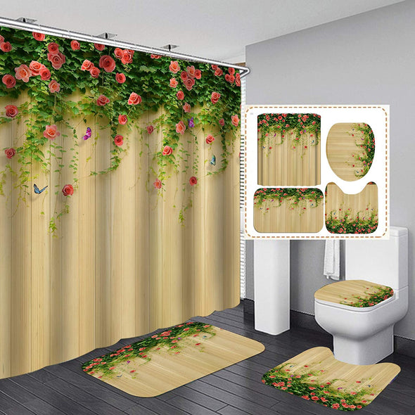 Flower Shower Curtain Set,Colorful Flowers and Green Leaves Bathroom Curtain Set with 12 Hooks