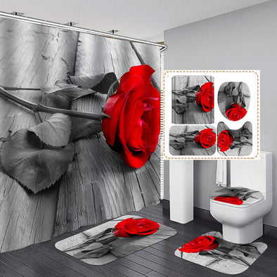 Flower Shower Curtain Set,Red Rose on The Book Bathroom Curtain Set with 12 Hooks