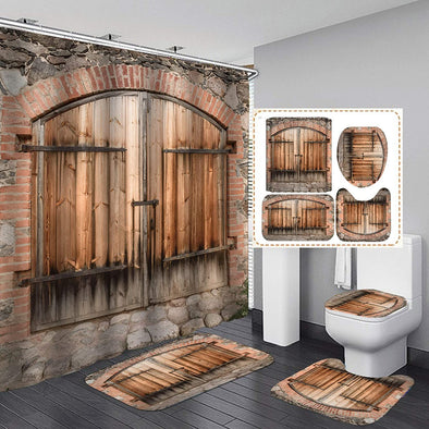Rustic Shower Curtain Set,Rustic Wooden Barn Door Bathroom Curtain Set with 12 Hooks