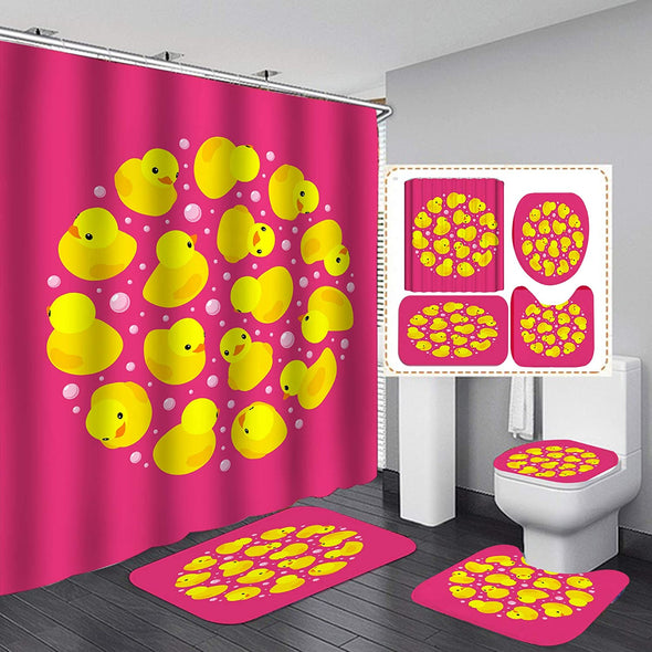 Flamingos Shower Curtain Set,Cute Little Yellow Duck Bathroom Curtain Set with 12 Hooks