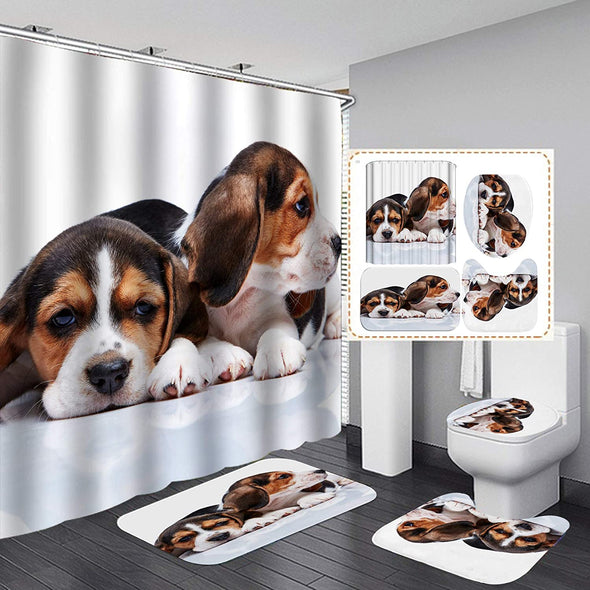 Dog Shower Curtain Set,Cute Puppy Dog Polyester Fabric Curtain Set with 12 Hooks