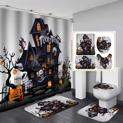 Halloween Shower Curtain Set,Leafless Creepy Tree with Pumpkin Head at Night Pattern,Polyester Fabric Bathroom Decor Set with 12 Hooks