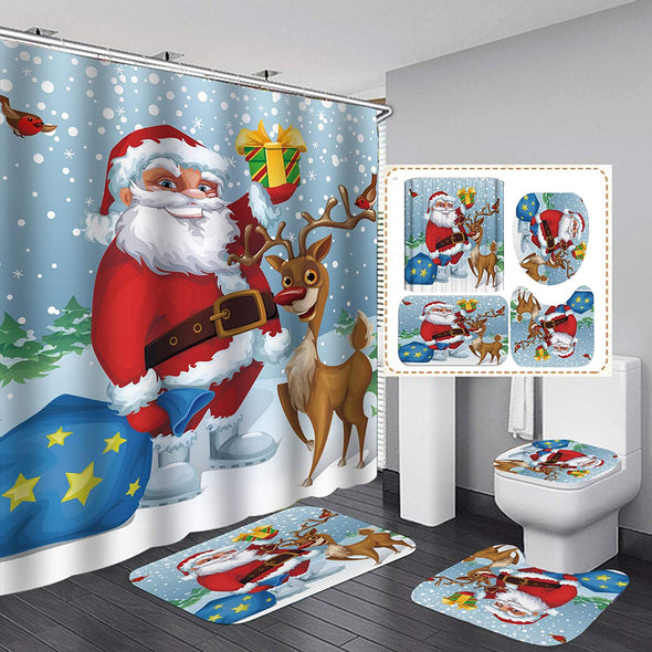 Christmas Shower Curtain Set,Cute Santa Claus with Many Gifts Decor Set with 12 Hooks
