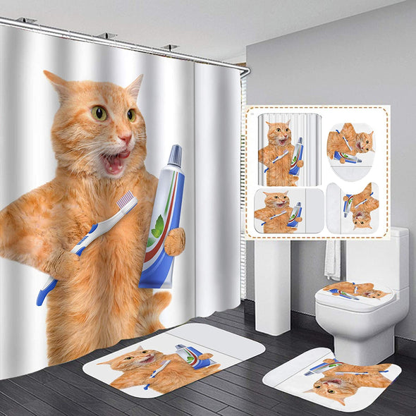 Cat Shower Curtain Set,Cat Taking Soap and Bathing in Bathtub Pattern