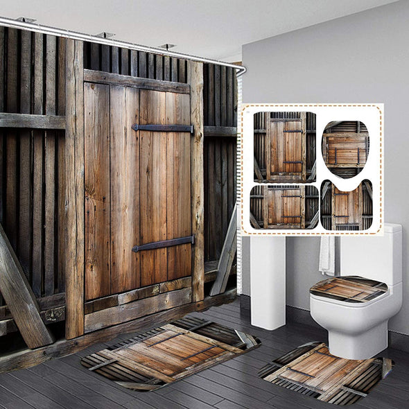 Rustic Shower Curtain Set,Rustic Wooden Barn Door Bathroom Curtain Set with 12 Hooks