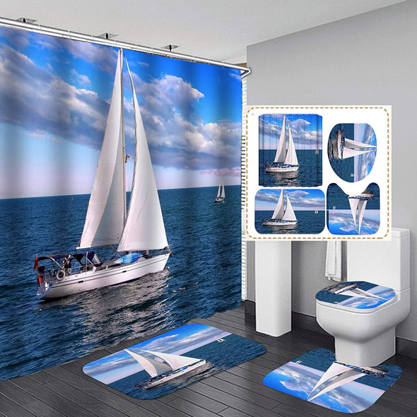 Nautical Shower Curtain Set,Kanagawa Wave Nautical Bathroom Curtain Set with 12 Hooks