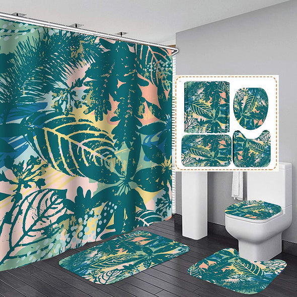 Palm Leaf Shower Curtain Set,Exotic Rainforest Banana Leaf Bathroom Curtain Set with 12 Hooks