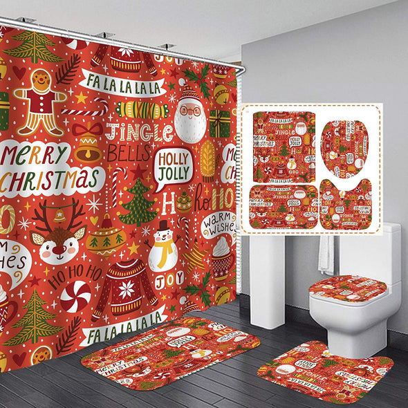 Christmas Shower Curtain Set,Cute Santa Claus with Many Gifts