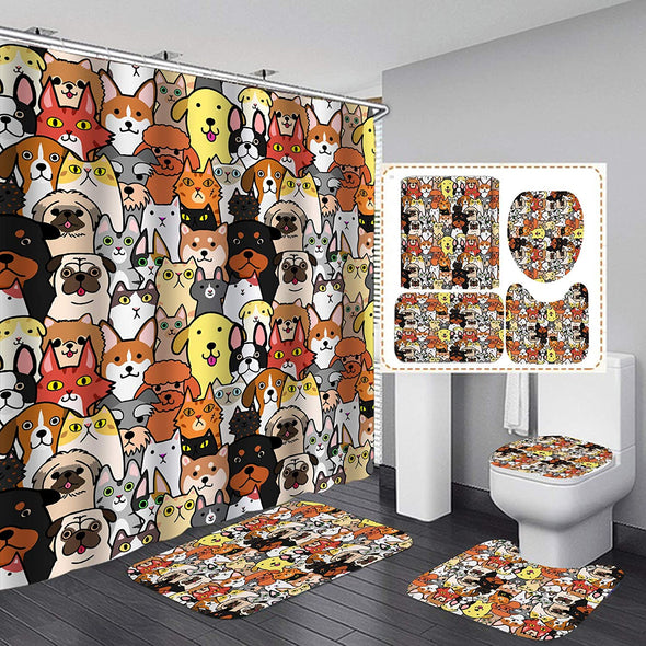 Dog Shower Curtain Set,Dog with Scarf in Snow,Polyester Fabric Bathroom Curtain Set with 12 Hooks