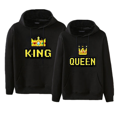QUEEN and KING crown print hooded long-sleeved couple sweatshirt